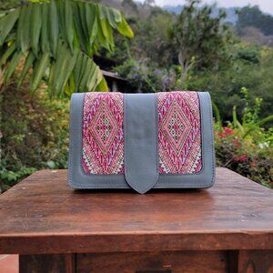 Unique Guatemalan Leather Handbag - Recycled Huipil and Grey Leather (Temoatzin)